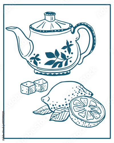 Hand drawn vector illustration of tea pot and cup of tea, perfect for invitations, menus, parties. La dolce vita minimalist line art for poster, placard, print, card.