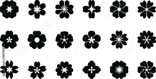Black and white flowers with various centers on white background pattern