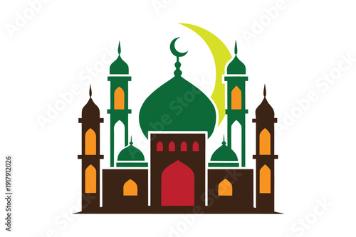 Ramadan Mubarak Greeting Card Mosque Illustration, Eid Festival Mosque Silhouette Clean Vector Design, Minimal Mosque with Crescent Moon Ramadan Illustration