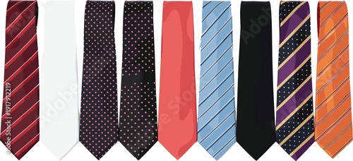 Men Necktie Vector Set Featuring Classic Formal Ties with Striped, Polka Dot, Solid, and Patterned Designs for Business and Fashion Use