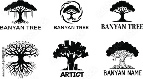 Foto Banyan Tree Logo Collection with Bold Black Silhouettes and Creative Typography