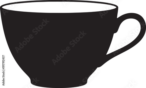 Minimalist black silhouette of a classic tea or coffee cup with handle for cafe and kitchenware design