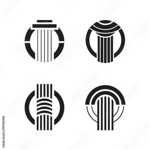 Four black and white abstract column symbols with circular