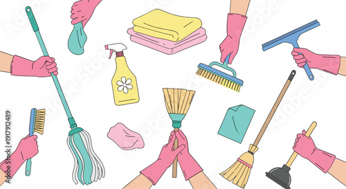 Vector illustration of hands wearing pink rubber gloves holding various cleaning tools like mops, brooms, plungers, and spray bottles for housekeeping services.