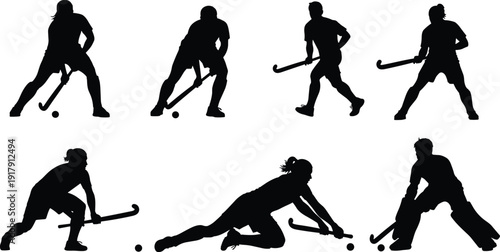 Field hockey player silhouette illustration, sports action art, dynamic gameplay design, athletic motion concept, teamwork background, goalkeeper stance, training theme