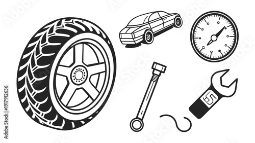 Car Maintenance Tools and Vehicle Illustration in Black and White.