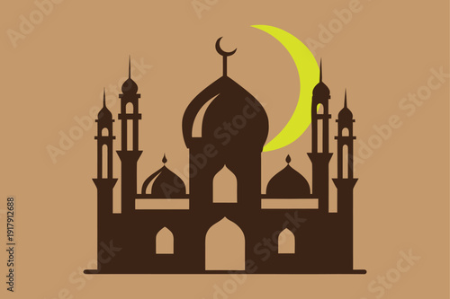 vector illustration of mosque, Ramadan Kareem Mosque Crescent Moon Flat Vector Illustration, Islamic Mosque Silhouette for Eid Mubarak Design