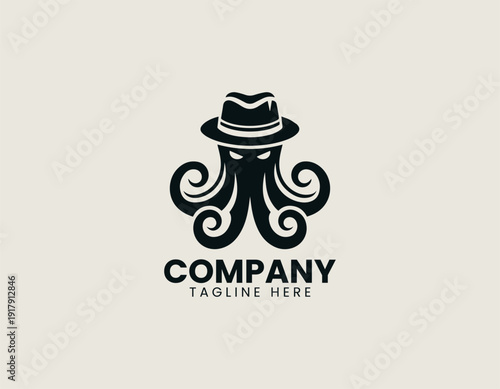 Octopus with unique hat black vector logo illustration white background