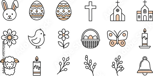 A charming collection of minimalist line art Easter and spring celebration icons featuring bunnies eggs and religious symbols for various designs
