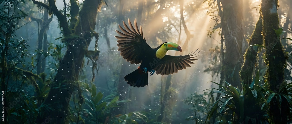Obraz premium Majestic toucan soaring through misty rainforest with golden sunbeams filtering through dense tropical canopy creating dramatic atmospheric lighting effects.