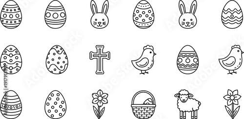 Charming minimalist outline vector icons for Easter celebration featuring decorated eggs bunnies chicks and religious symbols