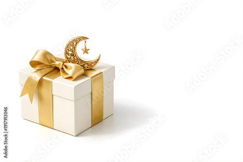 Luxury Ramadan Gift Box with Crescent Moon & Gold Ribbon – Festive 8K Concept