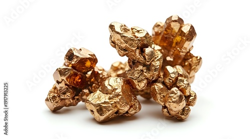 Raw copper nuggets with metallic luster isolated on white background for mining industry and precious metal investment concepts.