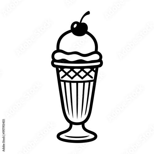 Dibujo sencillo con líneas de una copa de cristal con una bola de helado con cereza