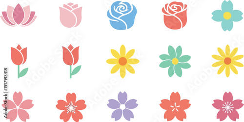 Colorful flower in various styles and colors on white background flowers tulips