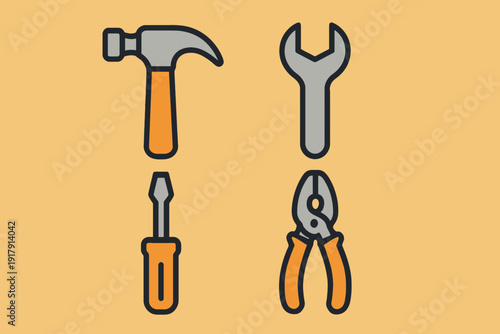 Hand Tools Illustration Hammer Wrench Screwdriver and Pliers.