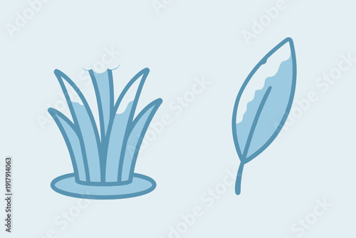Illustration of grass and leaf with blue outlines.