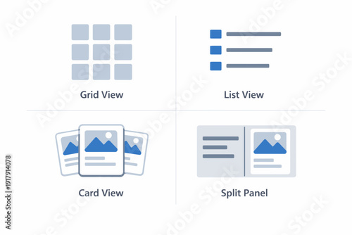 Illustrations showcasing different data visualization methods grid list card and split panel views.