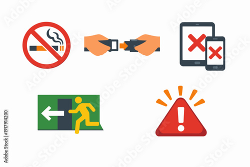 Safety and Prohibition Icons No Smoking Seatbelt No Cellphone Emergency Exit Warning.