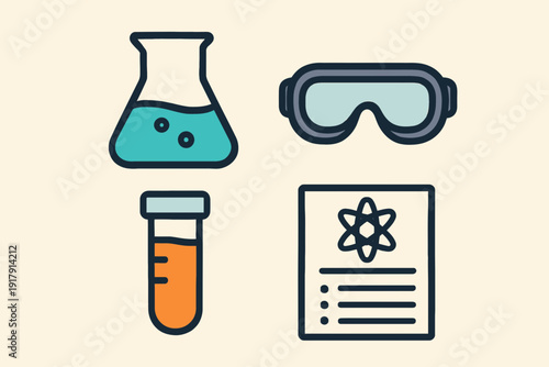 Science Lab Equipment Illustration Beaker Test Tube Goggles and Report.