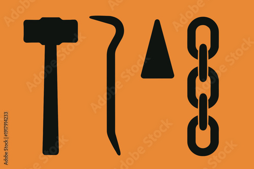 Silhouetted Tools Hammer Crowbar Chisel and Chain on Orange Background.