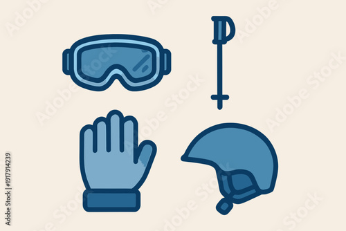 Skiing Equipment Set Goggles Pole Glove and Helmet Illustration.