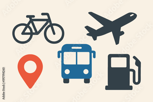 Transportation Icons Bicycle Airplane Bus Gas Station and Location Pin.
