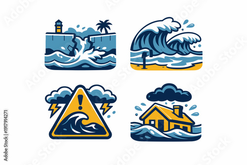 Tsunami disaster vector illustration set tsunami warning sign house in flood.