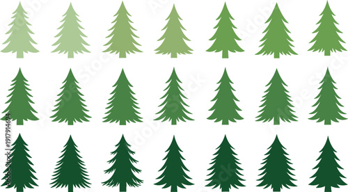 Stylized evergreen tree gradient illustration, forest nature design, seasonal growth stages, eco-friendly background, green foliage pattern, environmental concept art, symmetry