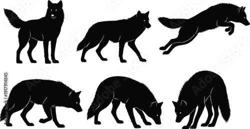Fox silhouette set collection with walking jumping hunting poses wild animal vector illustration isolated on white background