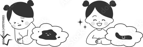 子供の下痢と健康な便　ビフォーアフター（白黒）