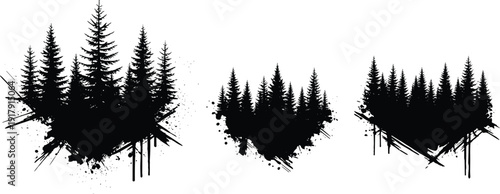 Black and white forest silhouettes with ink splatter textures, abstract pine tree compositions for modern nature illustration and graphic design use