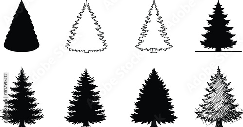 Black and white pine tree silhouettes collection in multiple styles, minimalist forest illustration set for nature, winter, and design concepts