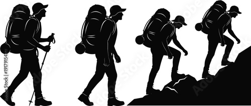 Hiker silhouette set isolated on white background backpacker climbing mountain trekking adventure outdoor vector illustration collection