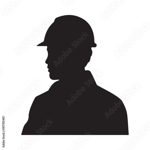 Silhouette of a construction worker wearing a hard hat depicted in black