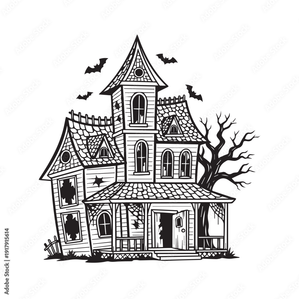 Naklejka premium Creepy Haunted Victorian House with Bats and Bare Tree, Spooky Halloween Scene