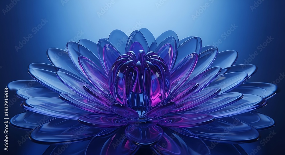 Obraz premium Glass flower sculpture with purple and blue petals on dark background with spotlight