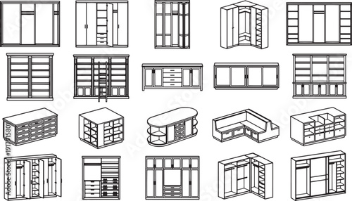 An extensive collection of detailed illustrations of modern cabinetry designs.