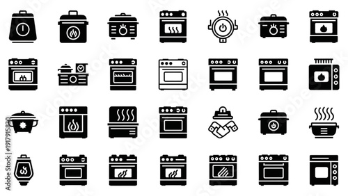 Collection of kitchen appliance icons in Vector Icon Sheet style, showcasing various devices and gadgets