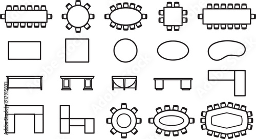 A collection of table designs, offering a variety of shapes and styles. Ideal for interior design and architectural planning.