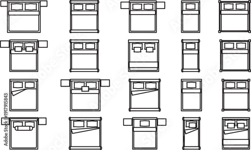 Variety of top-view bed illustrations showcasing diverse bedding arrangements. 