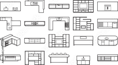 A graphic collection of modern kitchen layouts, illustrating a variety of cabinetry and design options. 
