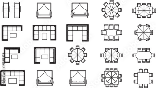 Detailed architectural floor plans showcasing a variety of furniture arrangements.