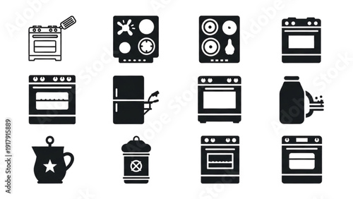 Vector Icon Sheet Featuring Kitchen Appliances and Cooking Utensils in Various Views