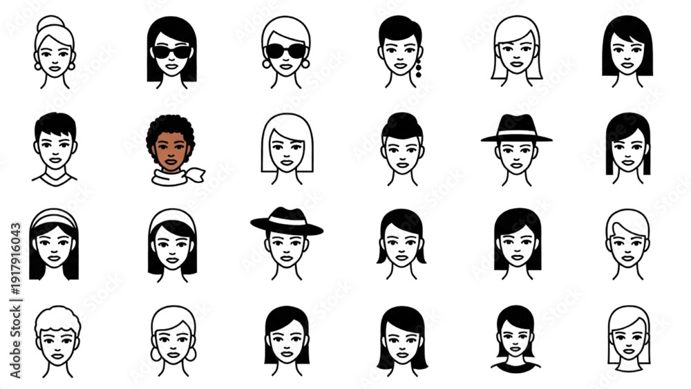 Fototapeta premium Vector Icon Sheet Featuring Diverse Women Faces and Hats from Various Angles