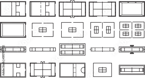 An artistic aerial view of diverse sport field layouts, showcasing the intricate design and structure of various recreational spaces.