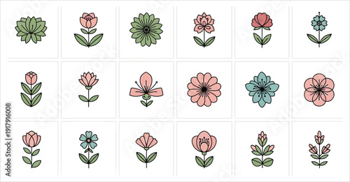 Various Floral in Pink Green and Blue on White Background flowers