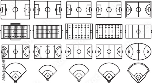 A diverse array of illustrated sports field layouts, showcasing the intricate details and design of various athletic arenas. 
