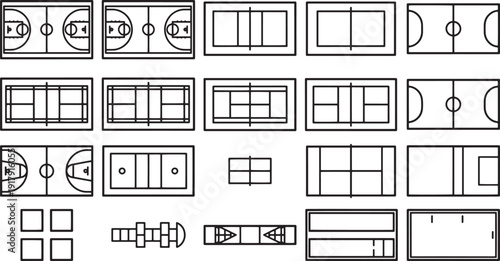 A collection of sports courts and fields, presented in a clean, minimalist line art style, offering versatile options for various sporting activities.