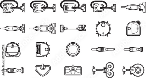 A detailed array of various vacuum cleaners, presented in an eye-level view, showcasing the innovation and diversity in the cleaning technology industry.